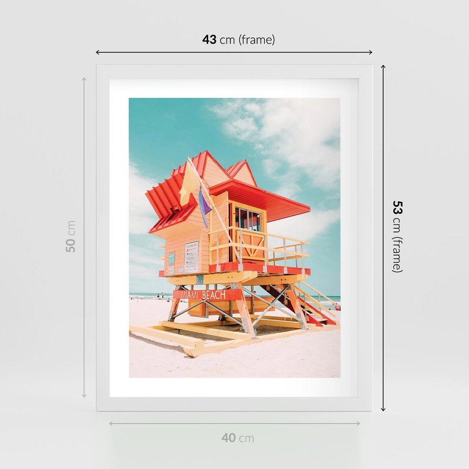 Plakat w ramie 40x50 - Rajski Widok - plaża miami, domek ratownika - rama biała