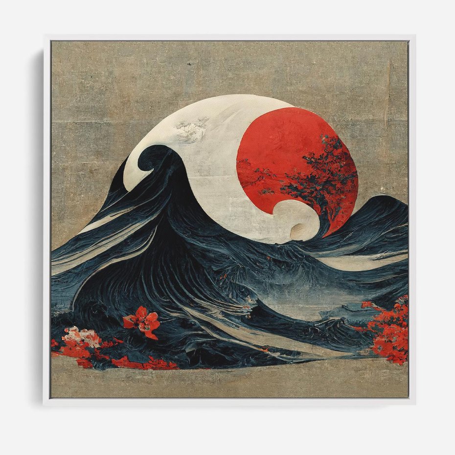 Obraz w ramie 80x80 - Requiem dla marzeń - sztuka japońska, fale oceanu - rama biała