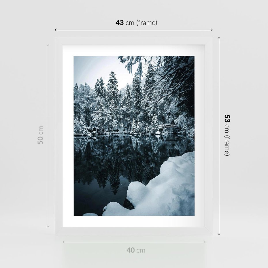 Plakat w ramie 40x50 - Zima nad Jeziorem - krajobraz zimowy, jezioro - rama biała