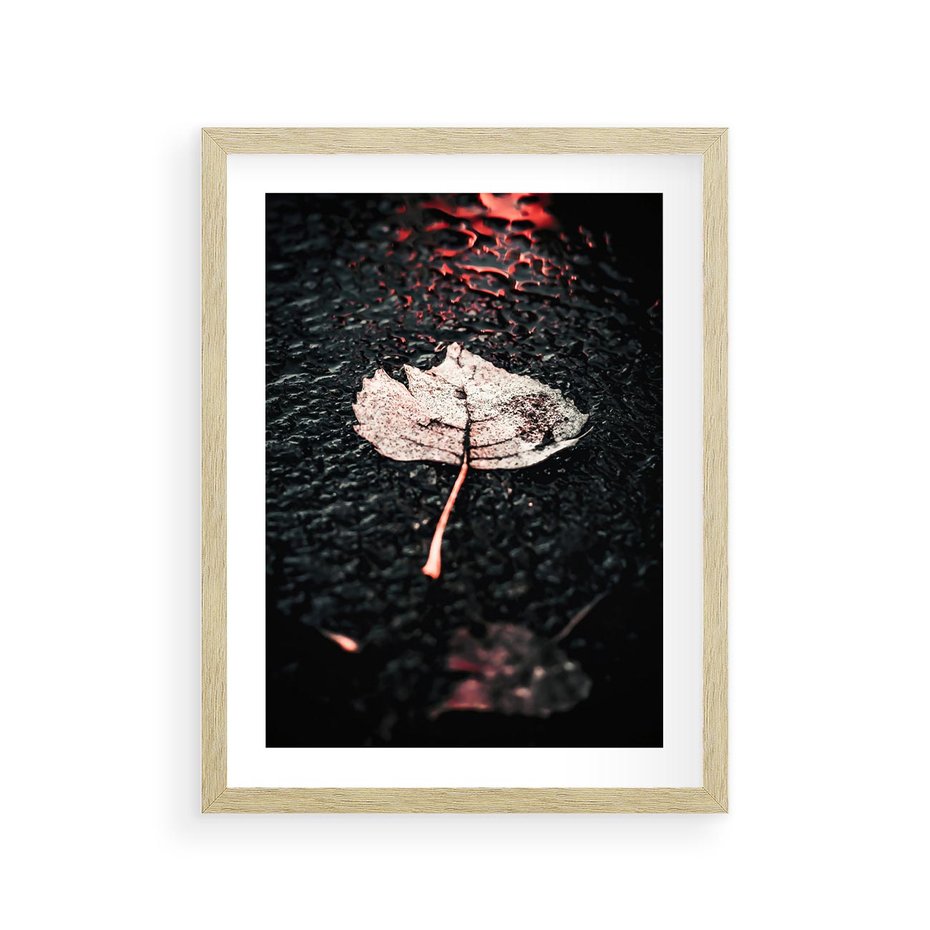 Plakat w ramie 30x40 - Jesień w Detalu: Liść na Mokrej Drodze - liść, jesień - rama drewno