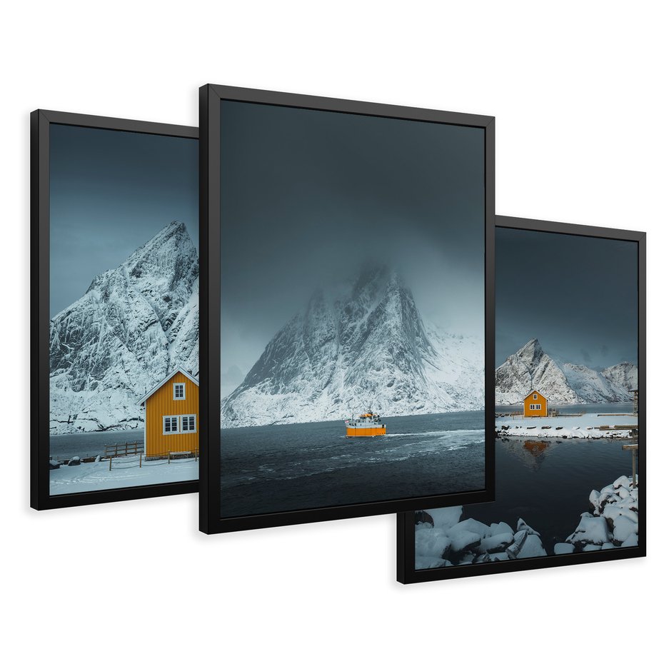 Zestaw obrazy w ramie 50x70 galeria - Skandynawia, Norwegia, góry, domek - rama czarna