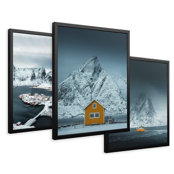 Zestaw obrazy w ramie 50x70 galeria - Norwegia, skandynawski, domek, góry - rama czarna