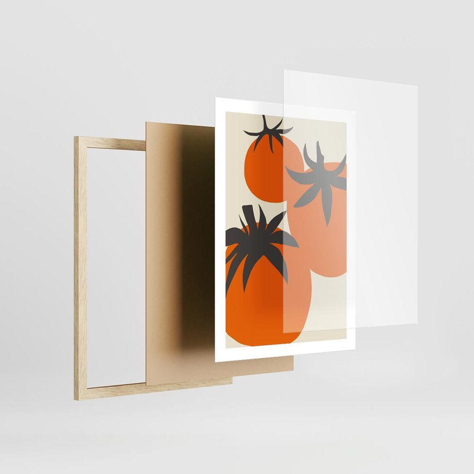 Plakat w ramie 50x70 - Jadalne Kształty - nowoczesny plakat do kuchni, pomidory - rama drewno