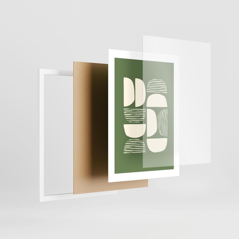 Plakat w ramie 30x40 - Migotliwe Formy - geometryczne boho kształty na brązowym, oliwkowym tle - rama biała