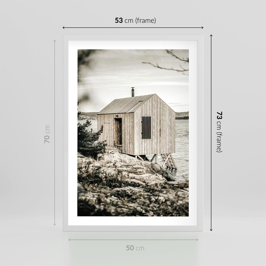 Plakat w ramie 50x70 - Nostalgiczna Oaza - rustykalny domek, domek nad jeziorem - rama biała