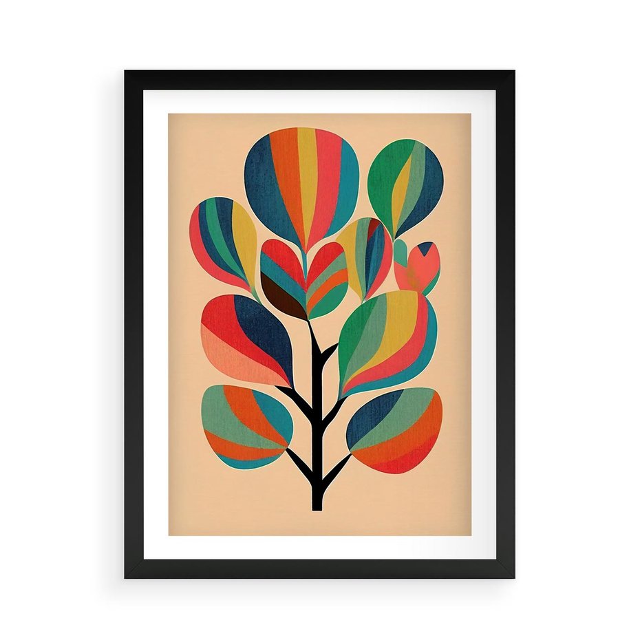 Plakat w ramie 50x70 - Harmonia Rozplątanych Form - abstrakcyjny kolorowy tęczowy obraz, inspiracje roślinne - rama czarna