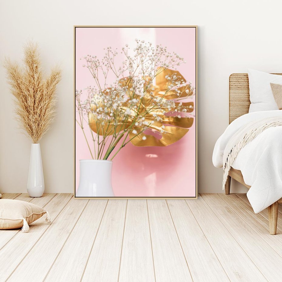 Obraz w ramie 80x120 - Blask Natury - złote, liście - rama drewno