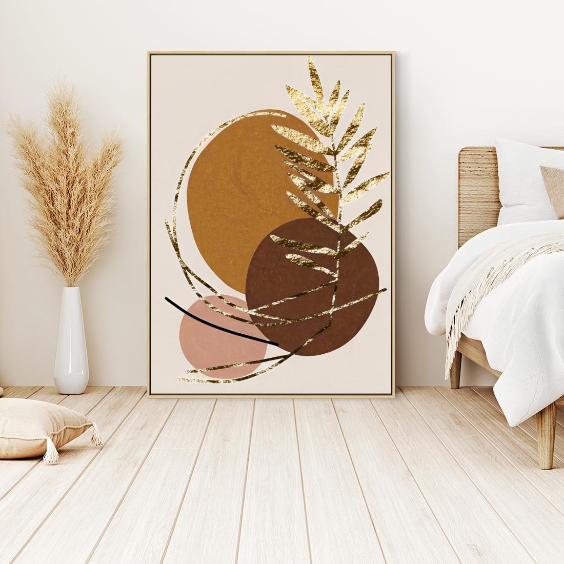 Obraz w ramie 50x70 - Taniec Przenikających Odbić - abstrakcyjny obraz, złote liście palmy - rama drewno