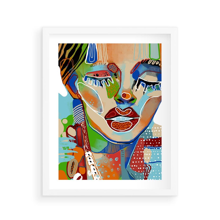 Plakat w ramie 40x50 - Kolorowe Formy - abstrakcyjny portret kobiety, twarz - rama biała