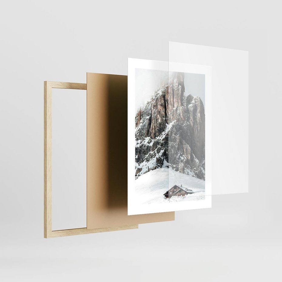 Plakat w ramie 30x40 - Górski Raj z Chatką - górskie szczyty, ośnieżone góry - rama drewno