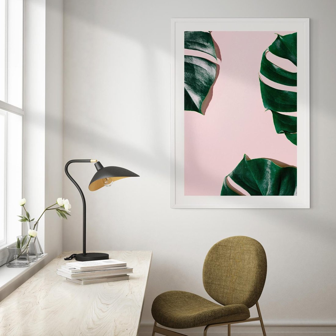 Plakat w ramie 30x40 - Minimalizm Natury - minimalizm, liście monstery - rama biała