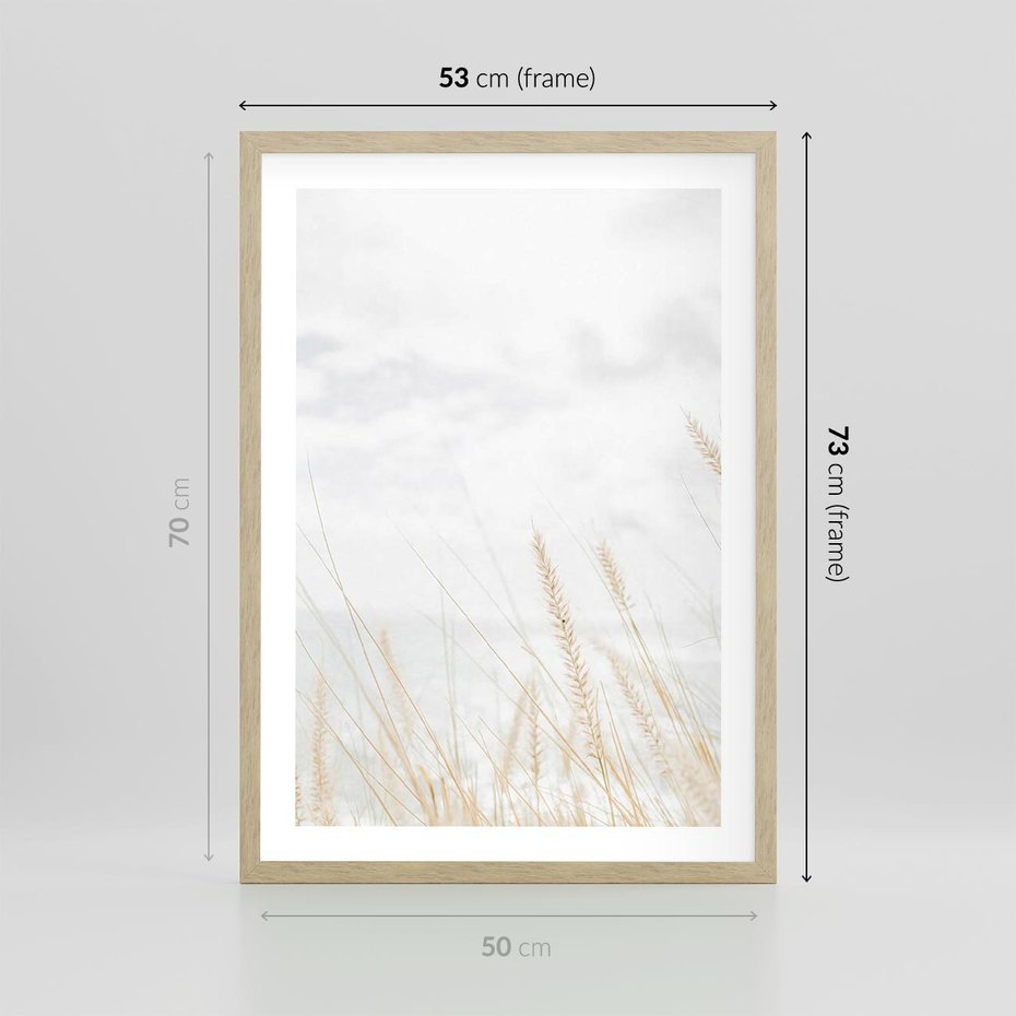 Plakat w ramie 50x70 - Jasna Delikatność: Fotografia Suchych Traw - suche trawy, jasna fotografia - rama drewno