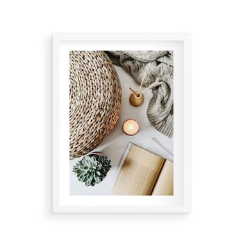 Plakat w ramie 50x70 - Przytulna Kompozycja Lifestyle - kompozycja lifestyle, wiklina - rama biała