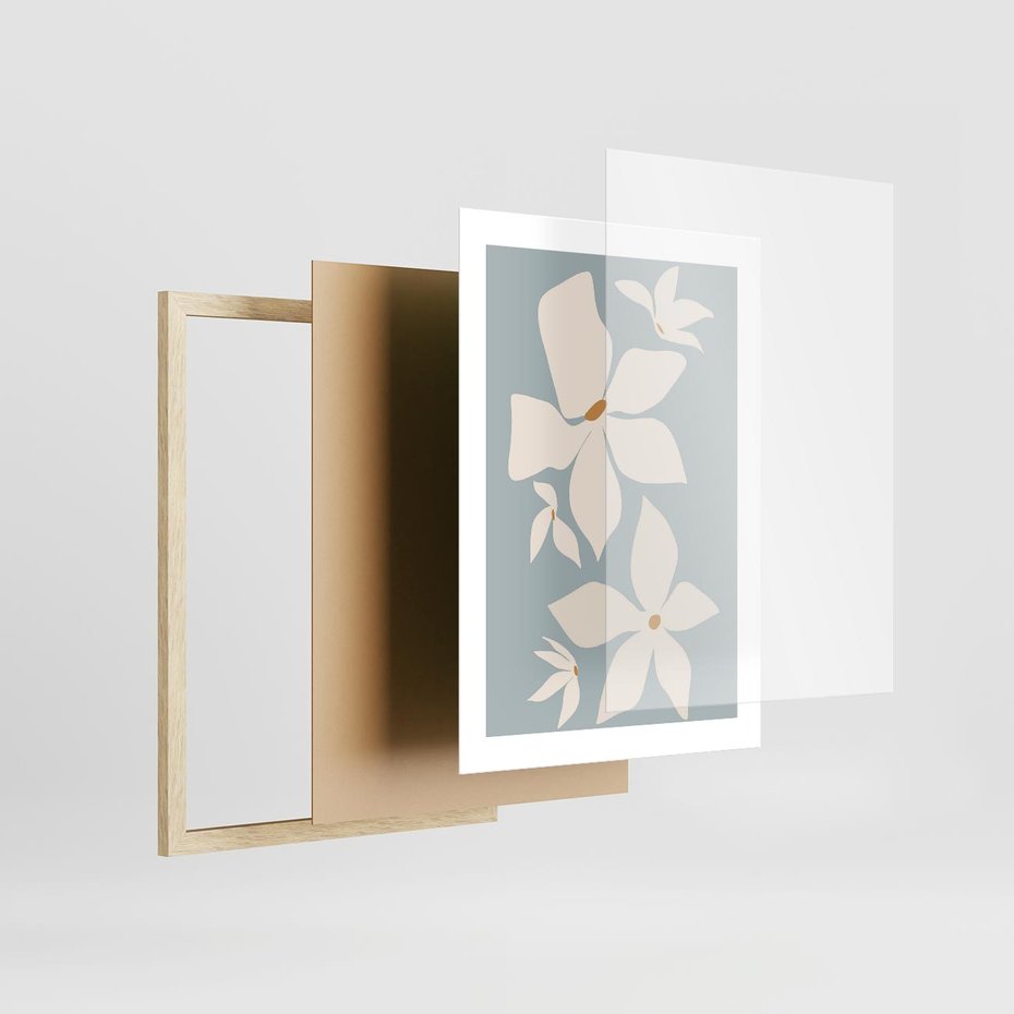 Plakat w ramie 30x40 - Błękit Kwiatów - kwiaty, nowoczesne i minimalistyczne - rama drewno