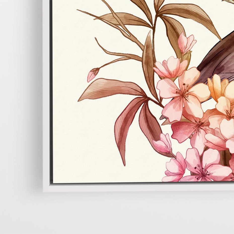 Obraz w ramie 80x80 - Kwiatowe Zanurzenie - japońska sztuka, ptak - rama biała