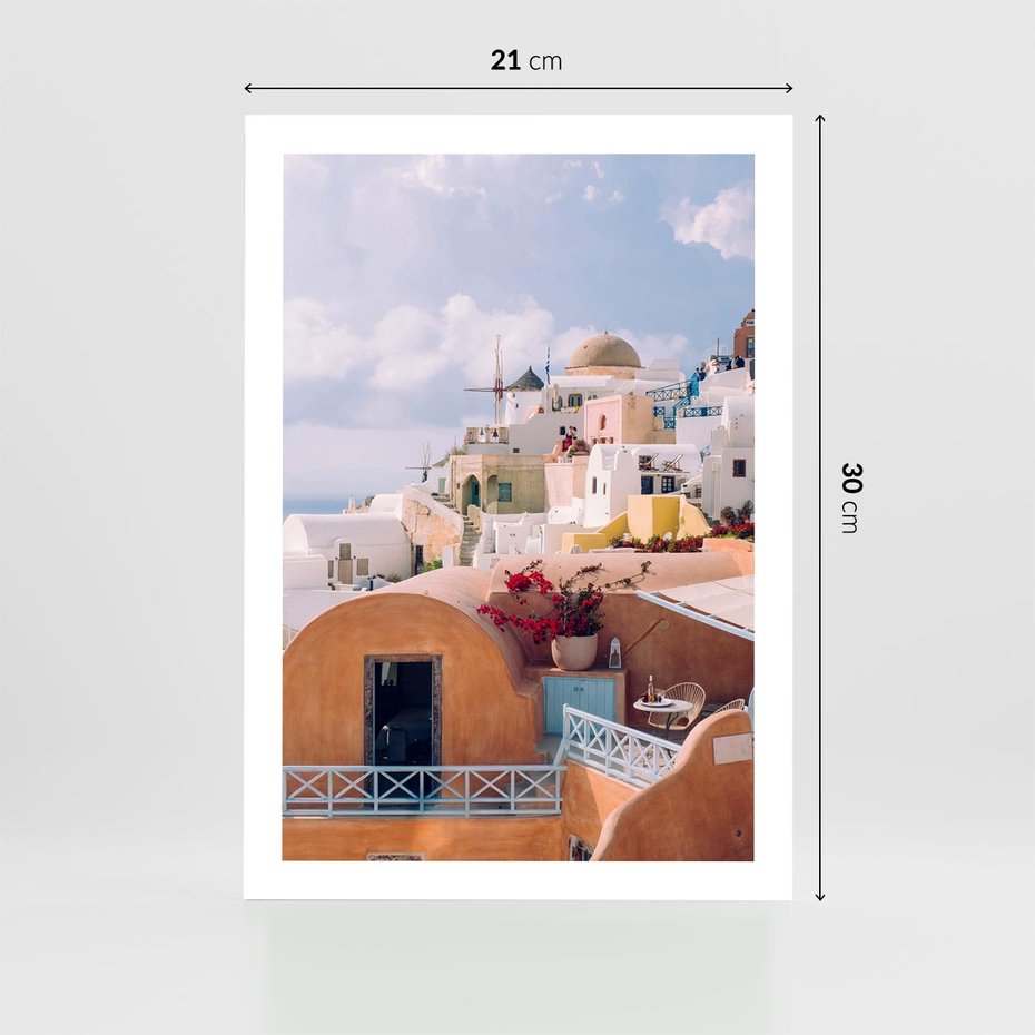 Plakat bez ramy 21x30 - Błękit Morza i Białe Domki - Santorini, wyspa