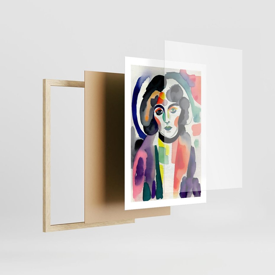 Plakat w ramie 50x70 - Subtelne Akwarelowe Ulotności - abstrakcyjny akwarelowy portret kobiety, rozmyte farby - rama drewno