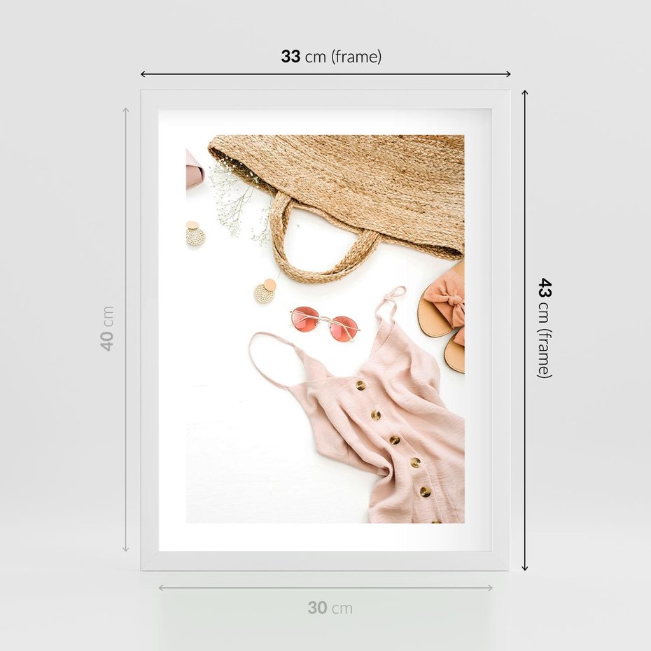 Plakat w ramie 30x40 - Moda na Plażę - kompozycja fashion, sukienka - rama biała