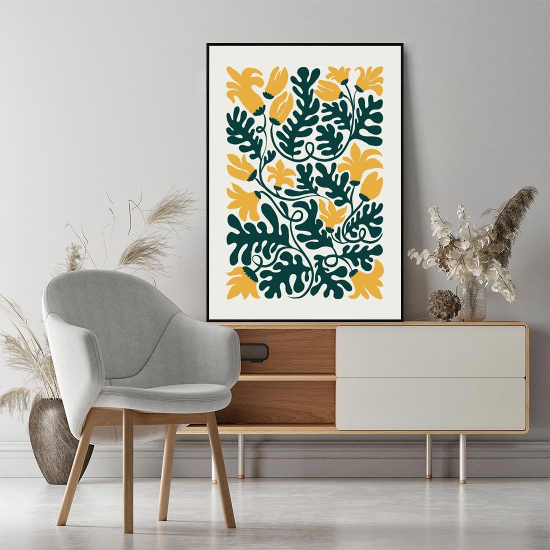 Obraz w ramie 70x100 - Impulsy Kreatywności - abstrakcyjne żółte kwiaty, kompozycja - rama czarna