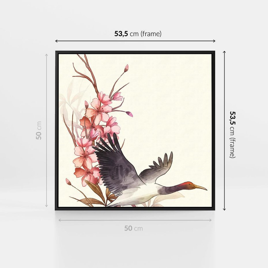 Obraz w ramie 50x50 - Szept Japonii - japońska sztuka, ptak - rama czarna