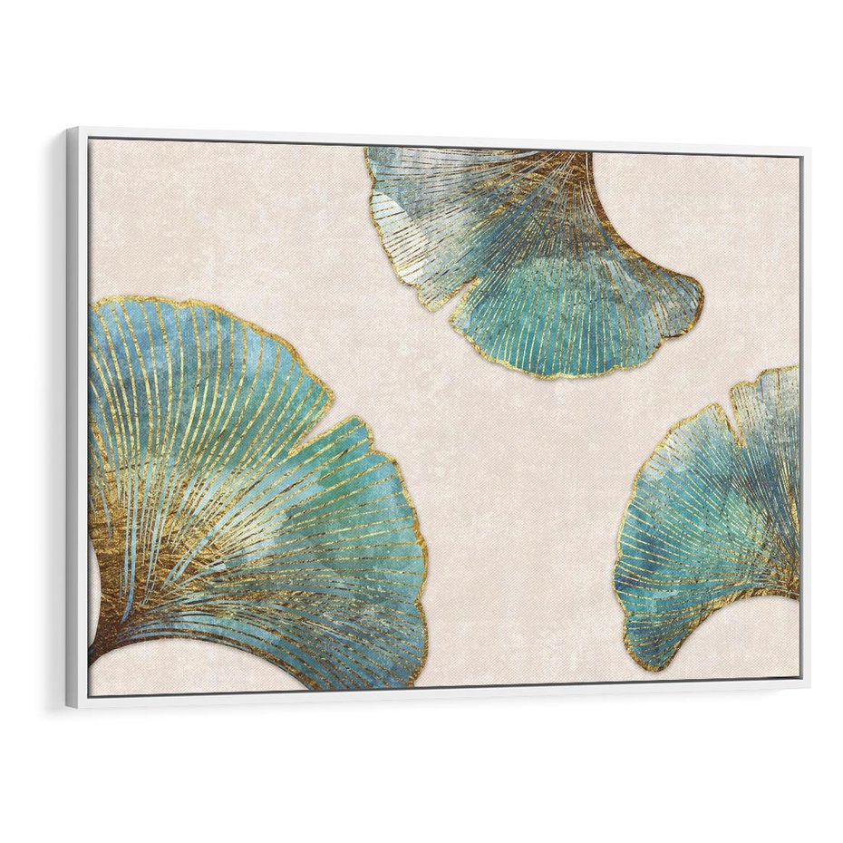 Obraz w ramie 100x70 - Złota Melodia Liści - złote, turkusowe liście miłorzębu - rama biała