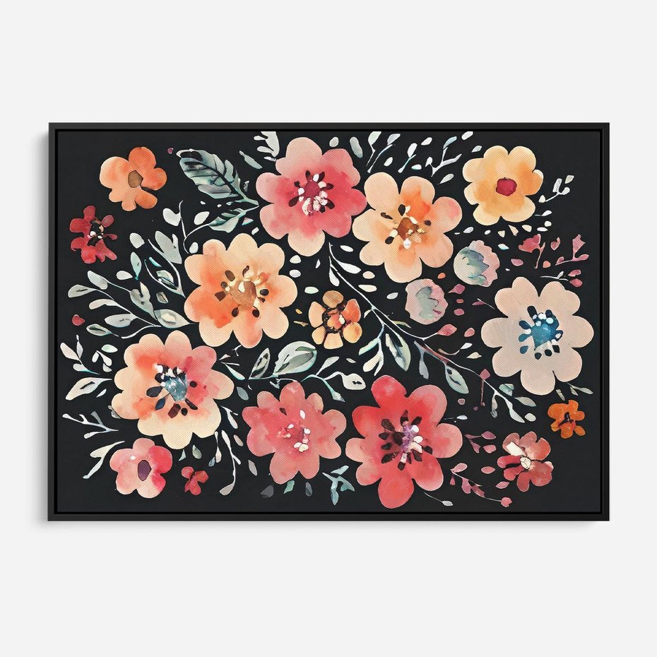 Obraz w ramie 100x70 - Labirynty melancholii - akwarelowe, pastelowe kwiaty na czarnym tle - rama czarna