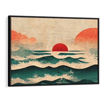 Obraz w ramie 100x70 - Czerwone Melodie - japońska sztuka, zachód słońca nad oceanem - rama czarna