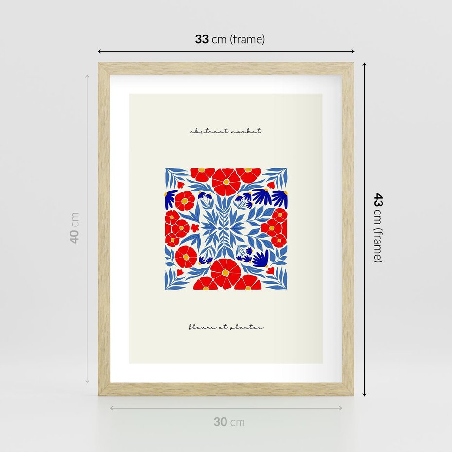 Plakat w ramie 30x40 - Tajemnicza Droga - nowoczesna kwiatowa kompozycja, czerwony i niebieski - rama drewno