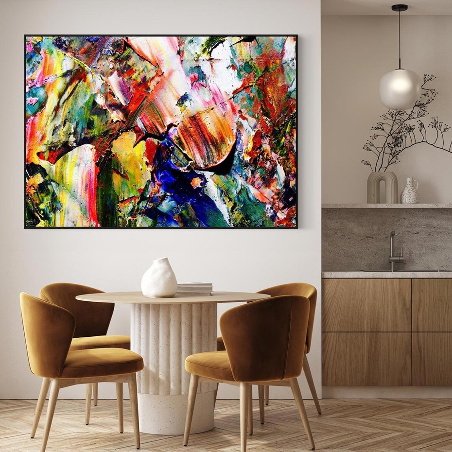 Obraz w ramie 100x70 - Szalejące ognie kolorów - abstrakcja, farby olejne - rama czarna