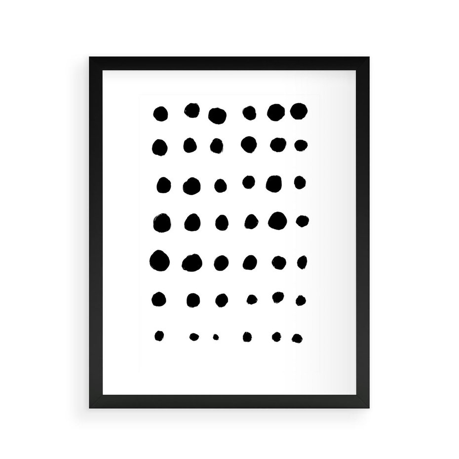 Plakat w ramie 40x50 - Refleksje Światła - minimalistyczna kompozycja, czarne kropkina białym tle - rama czarna