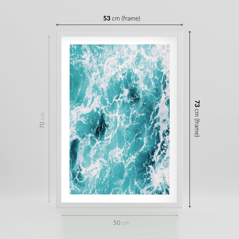 Plakat w ramie 50x70 - Wzburzony Ocean: Widok Z Góry - wzburzony ocean, błękitna woda - rama biała