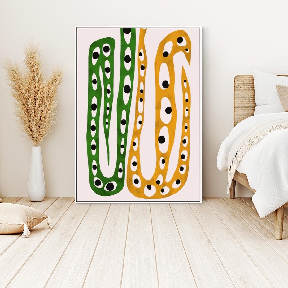 Obraz w ramie 70x100 - Migocące Zmaganie - abstrakcyjny obraz, dziwne kształty - rama biała