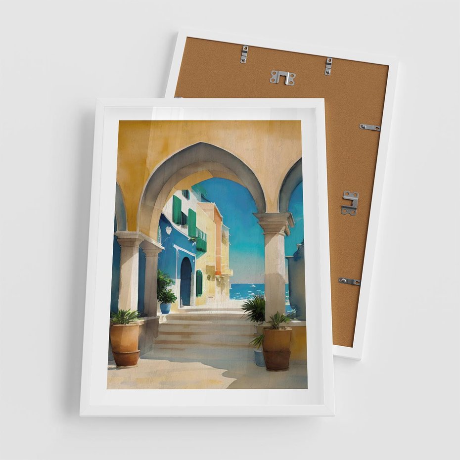 Plakat w ramie 50x70 - Nadmorskie Łuki - akwarela, śródziemnomorski klimat - rama biała