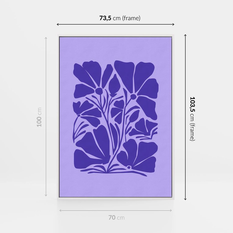 Obraz w ramie 70x100 - Migocące Boho Wibracje - kwiaty, energetyczne fioletowe tło - rama biała