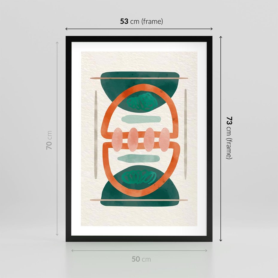 Plakat w ramie 50x70 - Oryginalny obraz abstrakcyjny w nowoczesnym stylu. Geometryczne akwarelowe kształty w intensywnych odcieniach zieleni i pomarańczu. Doskonała dekoracja dla miłośników sztuki. - abstrakcyjny obraz, sztuka nowoczesna - rama czarna