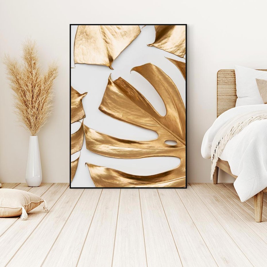 Obraz w ramie 50x70 - Siła Natury - złote, liście - rama czarna