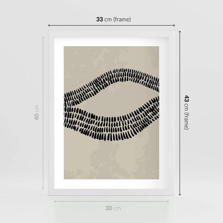 Plakat w ramie 30x40 - Kontury Ewolucji Materii - boho plakat, czarne kropki kreski - rama biała