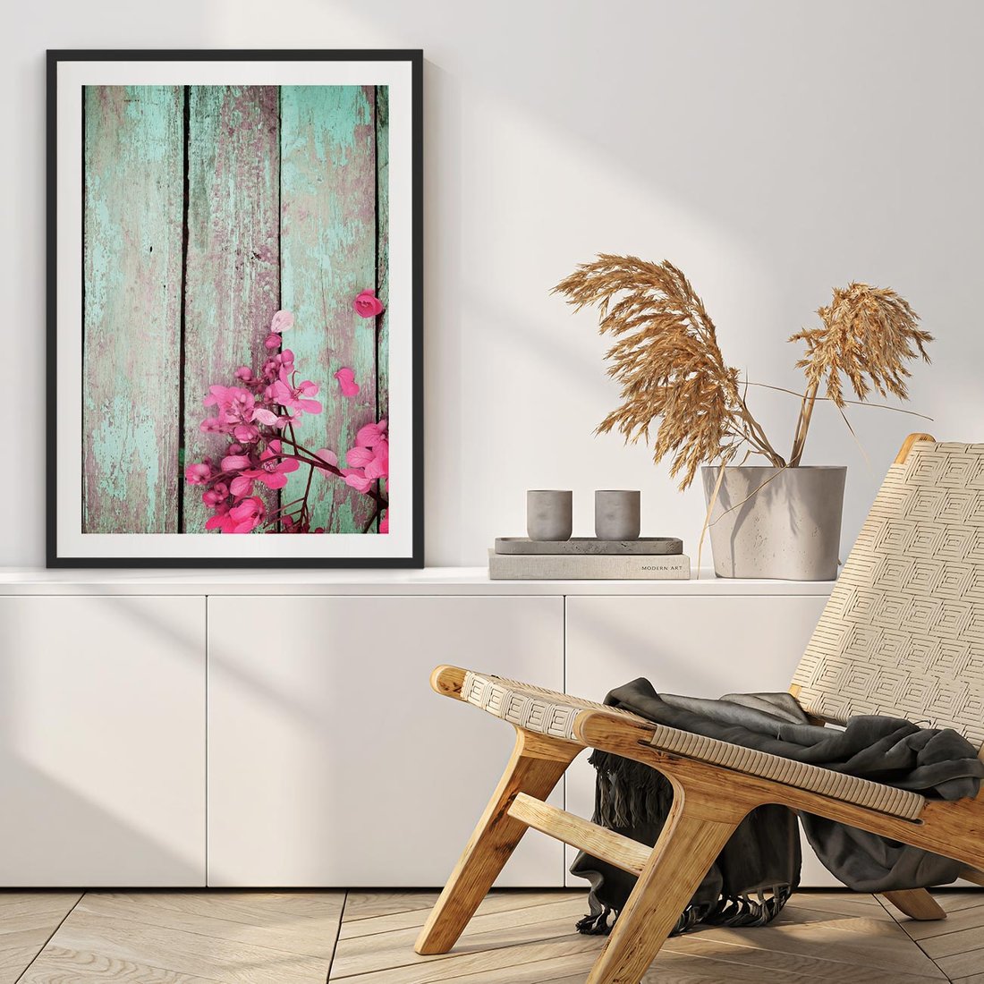Plakat w ramie 50x70 - Urok Dawnych Czasów - kwiaty, deski - rama czarna