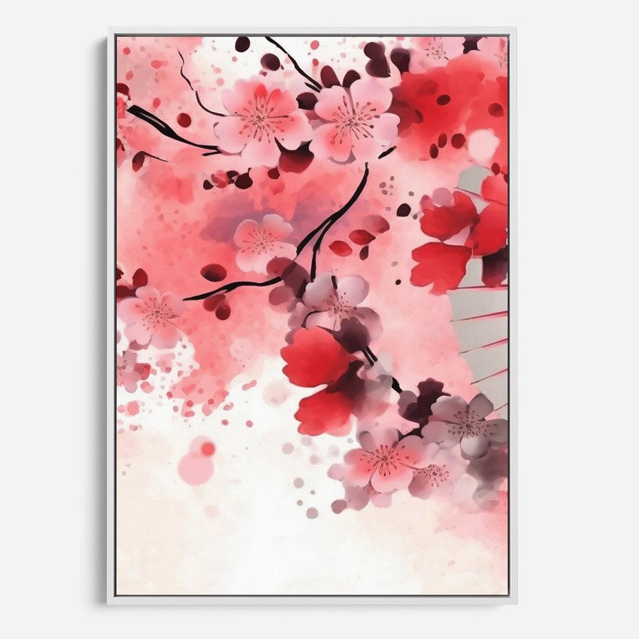 Obraz w ramie 80x120 - Szept Kwitnącej Wiśni - japoński parasol, liście - rama biała