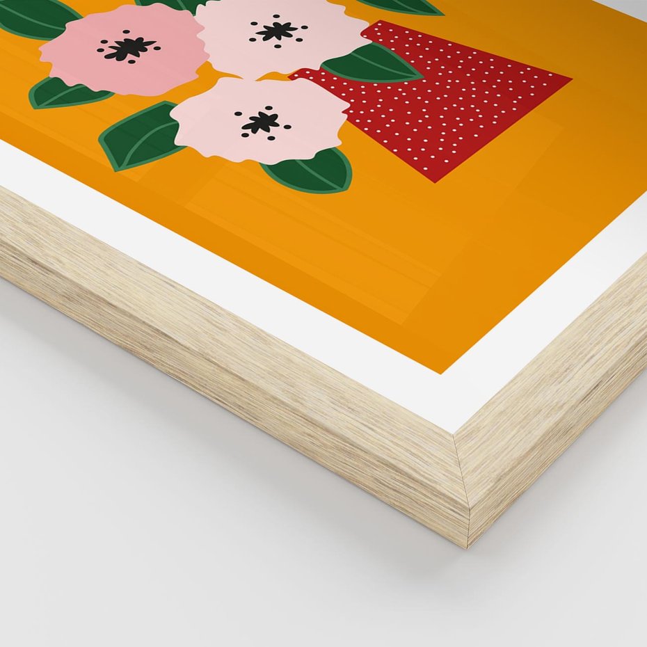 Plakat w ramie 30x40 - Harmonijne Granice - abstrakcyjne kwiaty, żółte tło - rama drewno