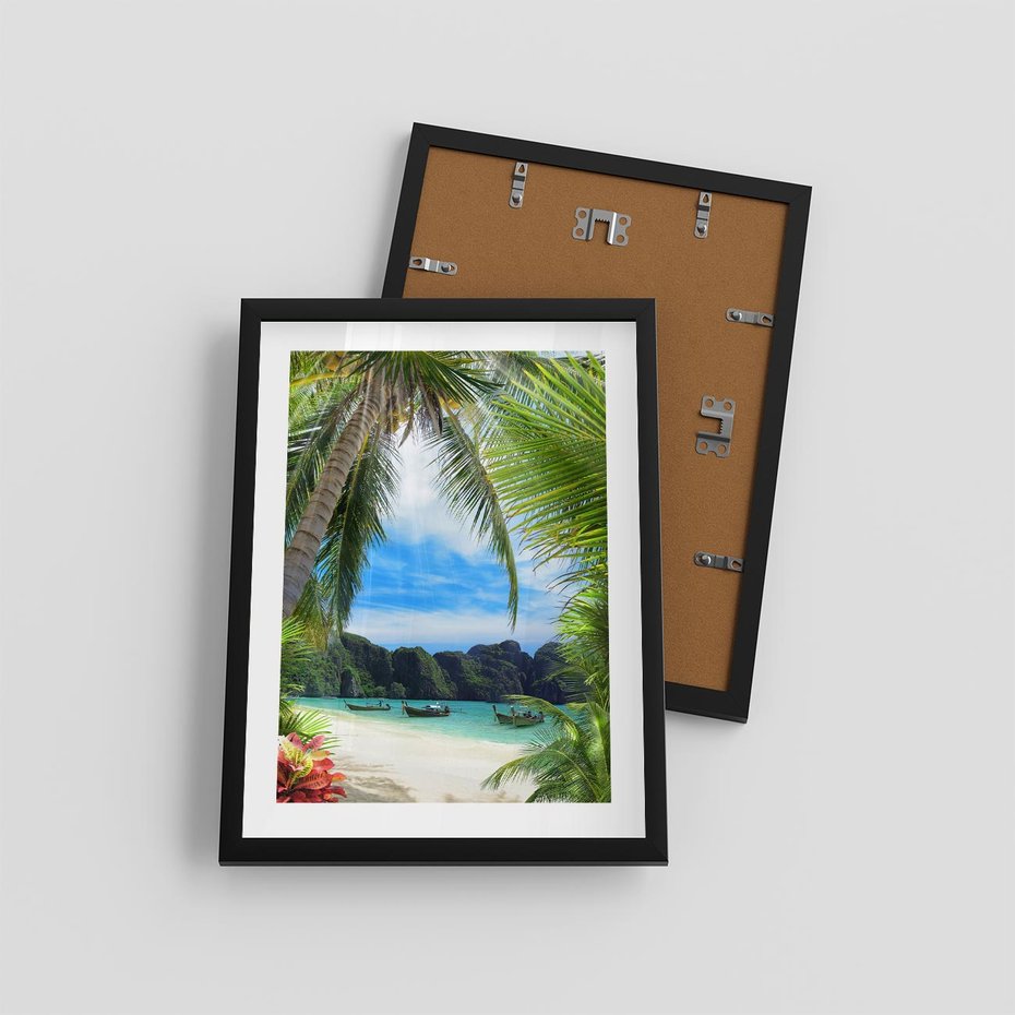 Plakat w ramie 30x40 - Palmy tańczące na tropikalnej plaży - palmy, plaża - rama czarna