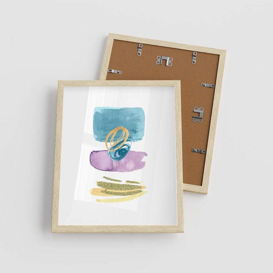 Plakat w ramie 40x50 - Taniec Akwarelowych Kresek - akwarelowe plamy w odcieniach błękitu, złote kreski - rama drewno