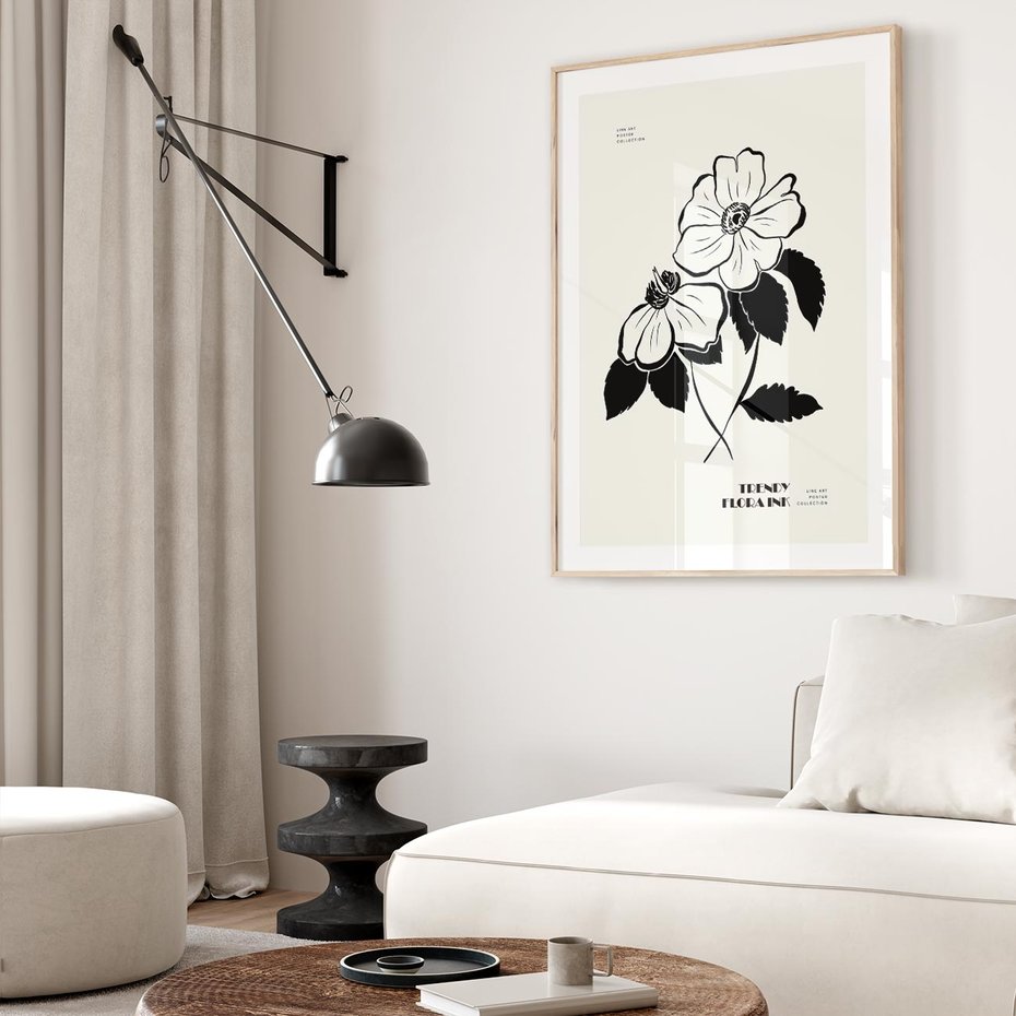 Plakat w ramie 40x50 - Poezja kwiecistej kreski - kwiaty, minimalistyczne - rama drewno