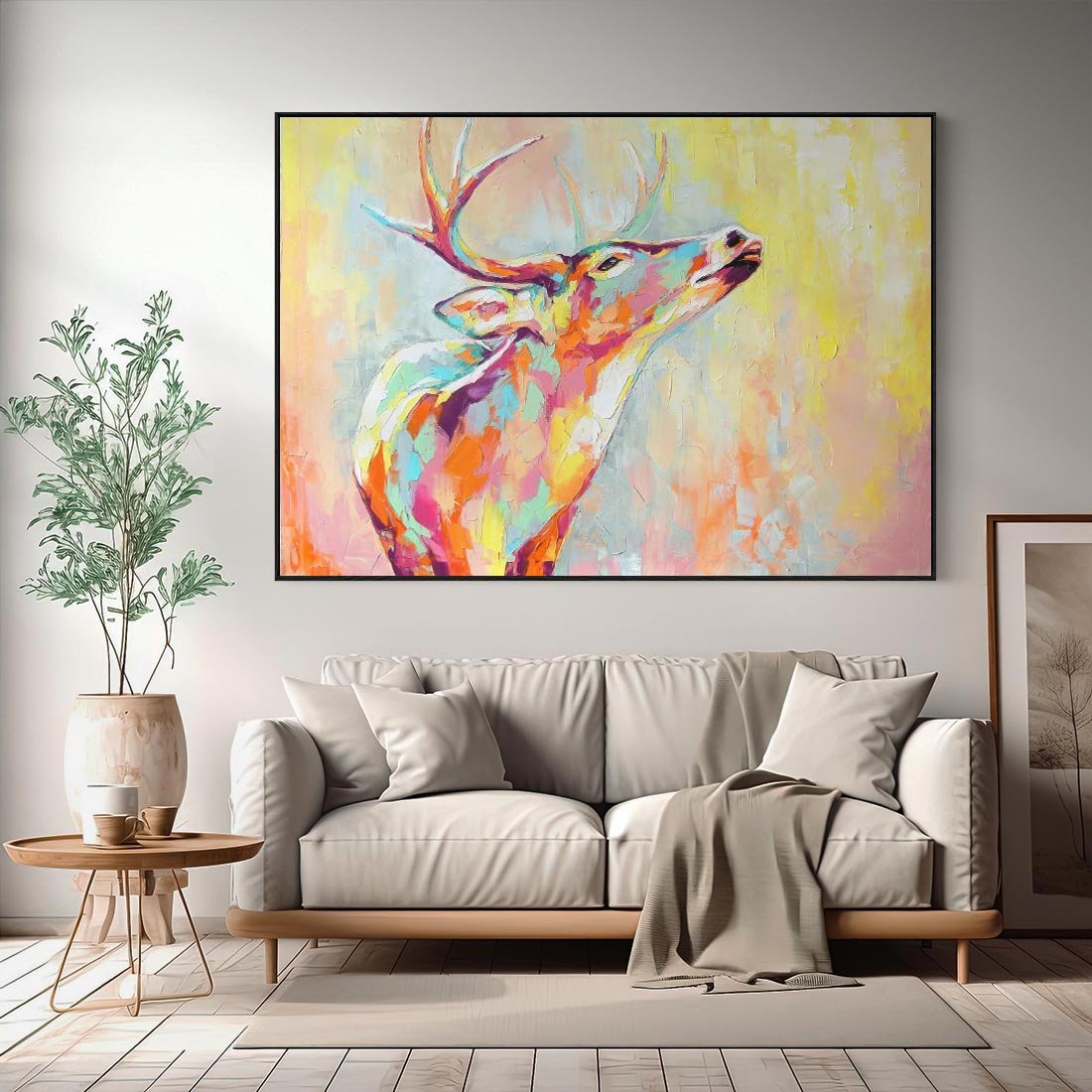 Obraz w ramie 100x70 - Impresje snów malarza - kolorowy olejny obraz, jeleń ryczący na rykowisku - rama czarna