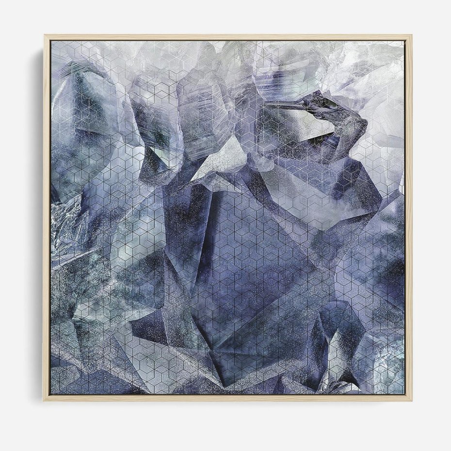 Obraz w ramie 80x80 - Melodia mgieł i marzeń - abstrakcja w kolorze granatu, przypominająca górę lodową - rama drewno