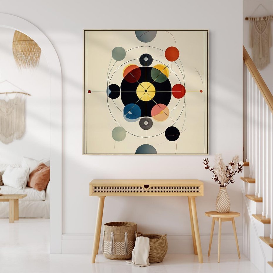 Obraz w ramie 80x80 - Bezgraniczny Taniec Światła - abstrakcyjna geometryczna kompozycja, koła linie - rama drewno