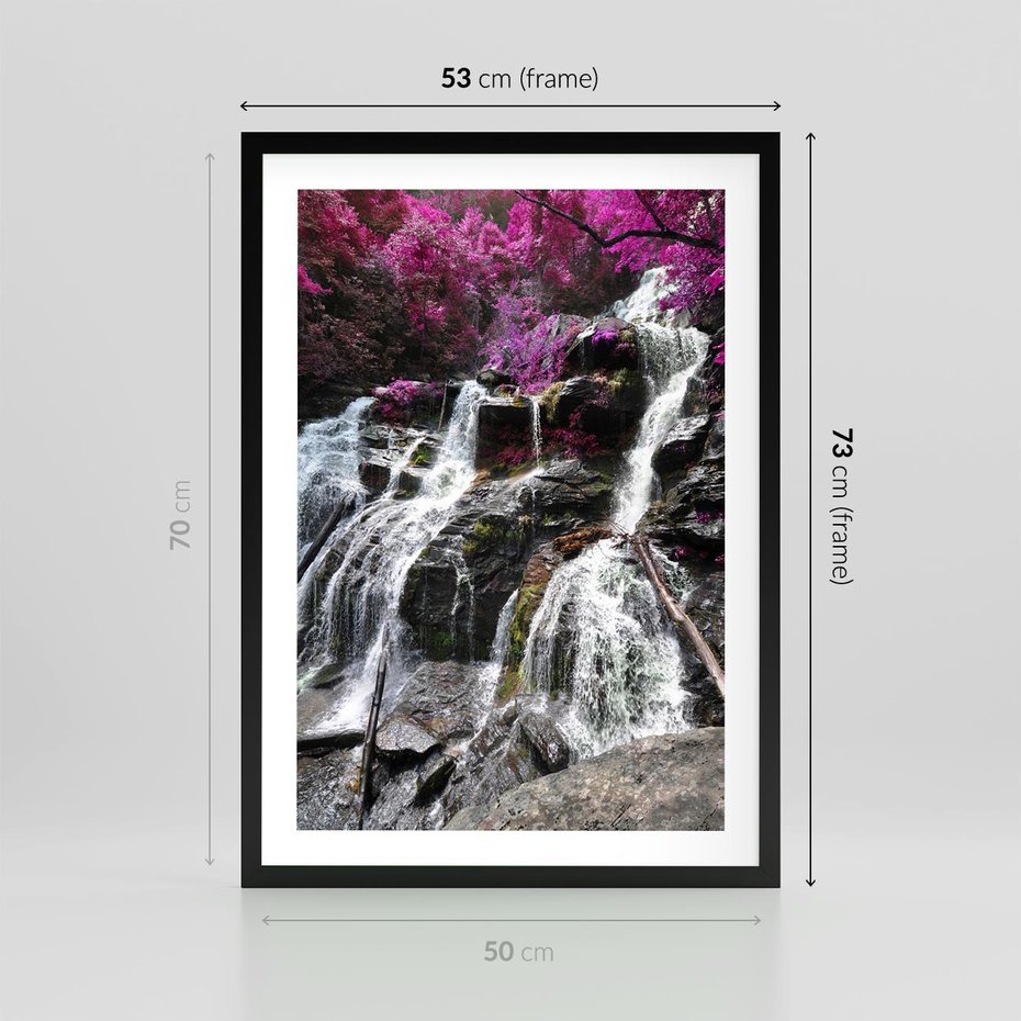 Plakat w ramie 50x70 - Wodospad wśród majestatycznych gór - wodospad, góry - rama czarna