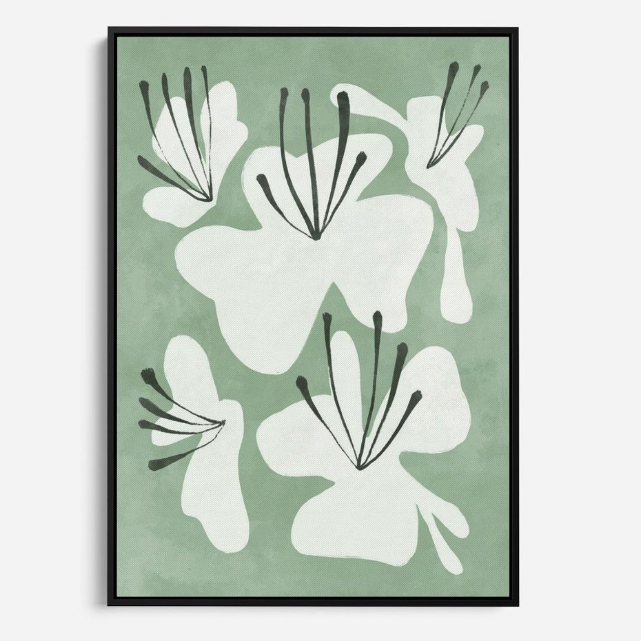 Obraz w ramie 70x100 - Rozkwitające Ukojenie - zgaszona zieleń, kwiaty - rama czarna