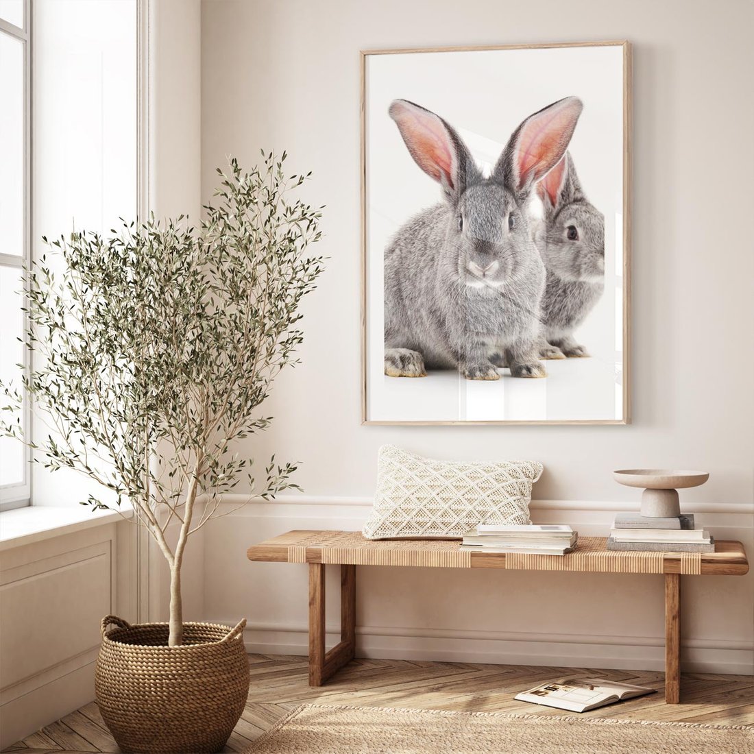 Plakat w ramie 30x40 - Uroczy królik wśród natury - królik, zając - rama drewno