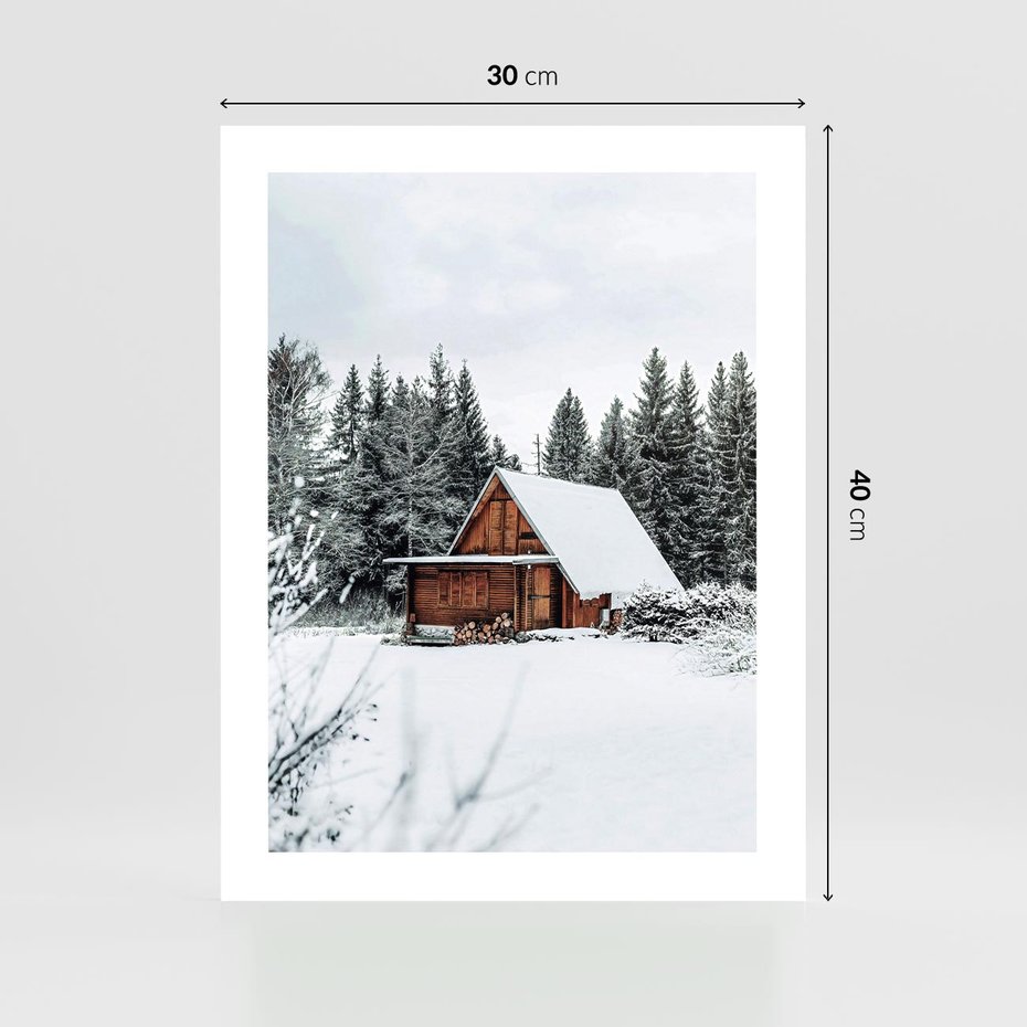 Plakat bez ramy 30x40 - Ujęcie zimy w Górach - domek w górach w zimie, śnieg